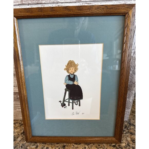 P Buckley Moss Print Girl On Stool W/ Cat Signed Matted & Framed 650/1000 1988 - Picture 6 of 6
